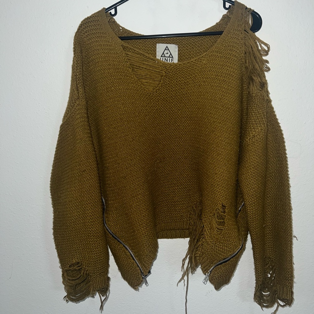 UNIF Off-the-Shoulder Distressed Knit Sweater in Mustard